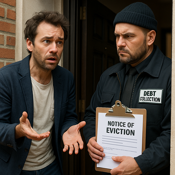 Jack is getting an eviction notice from the bailiff.