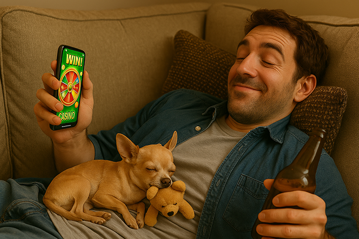 A man smiling while sitting on a couch, holding a smartphone displaying a casino game with the word 'WIN!' on it. A small dog is sleeping on his lap, and he is also holding a bottle of beer.