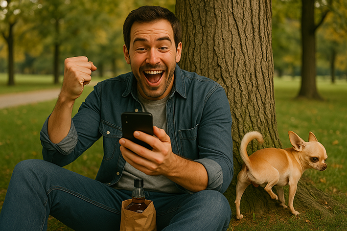 Jack sit under of the tree, win in 30bet online casino, having whiskey on the paper bag, chihuahua is peeing