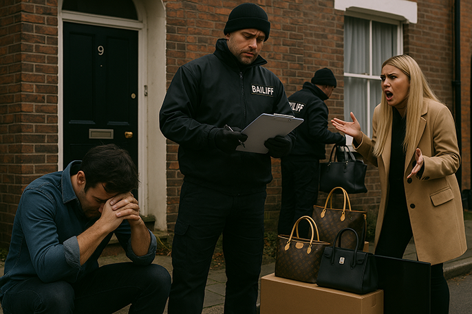 A distressed woman argues with a bailiff in front of a house, while a man sits with his head down, clearly upset. Some belongings are stacked outside.