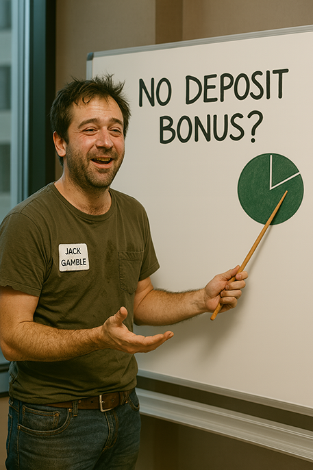 A man with a playful expression stands beside a whiteboard with the text 'NO DEPOSIT BONUS?' written on it, holding a pointer towards a pie chart.