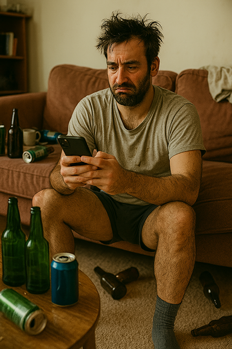 A disheveled man sitting on a couch, looking at his phone with a frustrated expression. The surroundings are cluttered with empty beer bottles and cans, suggesting a party aftermath.