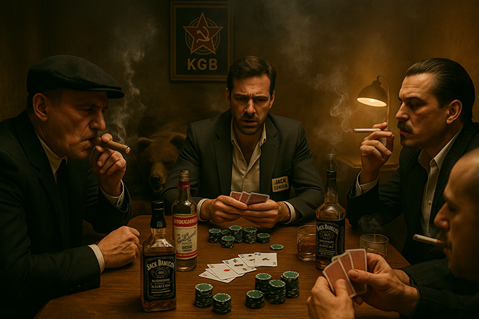 Mafia men playing cards in a dimly lit, smoky room. On the table, there is Jack Daniels whiskey and Russian vodka. The men are smoking cigars and cigarettes. On the wall, there is a KGB poster.