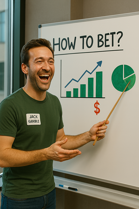 A man smiling and holding a pointer while standing next to a whiteboard, which features a graph depicting an upward trend and a pie chart, with the text 'HOW TO BET?' written above.