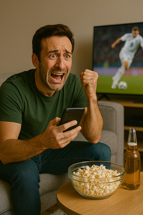 A man sitting on a couch, intensely watching a sports event on a TV while holding a smartphone, seemingly celebrating or reacting passionately. In front of him, there's a bowl of popcorn and a bottle of beer on the coffee table.