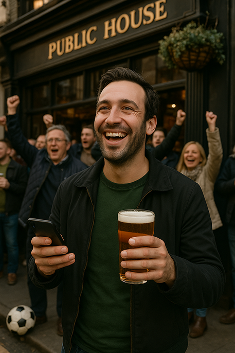 A man smiling broadly while holding a pint of beer and a smartphone, with a crowd of cheering fans behind him outside a pub.
